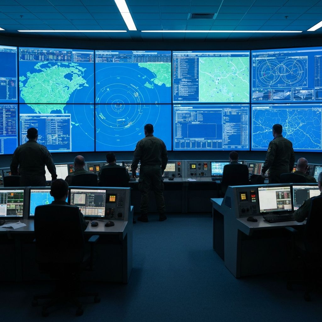 Military command center with tactical displays